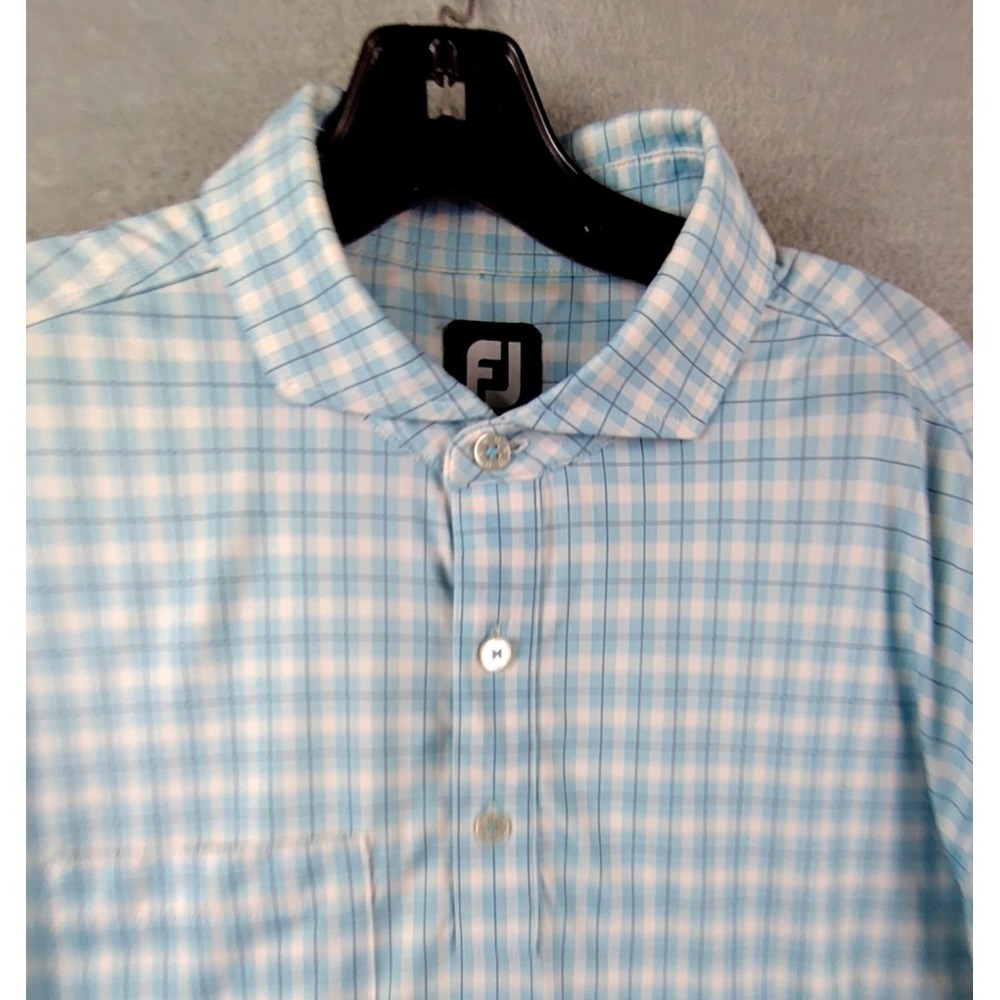 FJ Mens Shirt‎ Large Blue Plaid Performance Golf Polo Pete Dye Club Preppy
